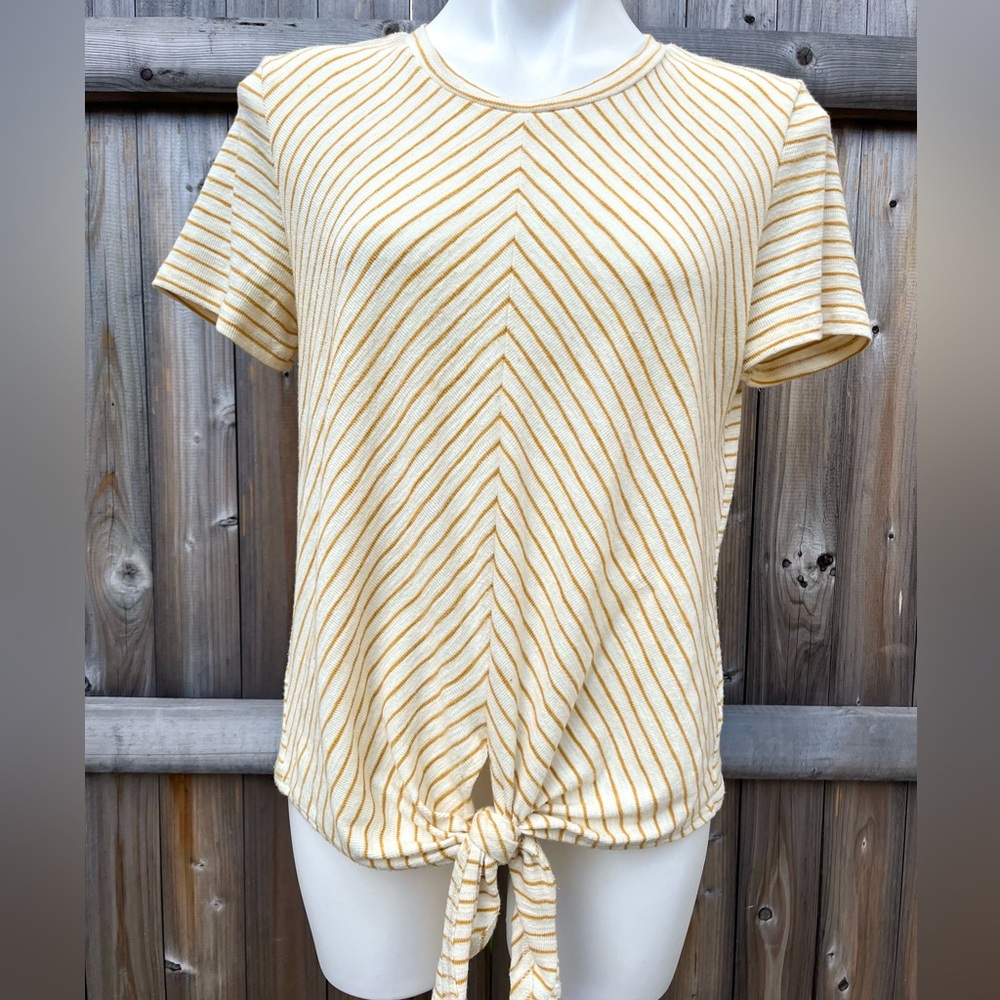 Mello Day Golden Yellow White Stripe Tie Front T-Shirt